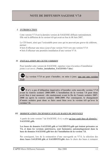 NOTE DE DIFFUSION SAGESSE V7.0