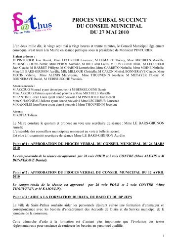 PROCES VERBAL SUCCINCT DU CONSEIL MUNICIPAL DU 27 MAI 2010