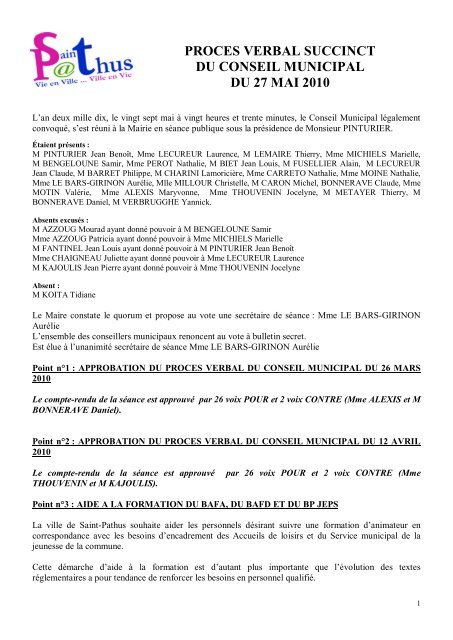 PROCES VERBAL SUCCINCT DU CONSEIL MUNICIPAL DU 27 MAI 2010