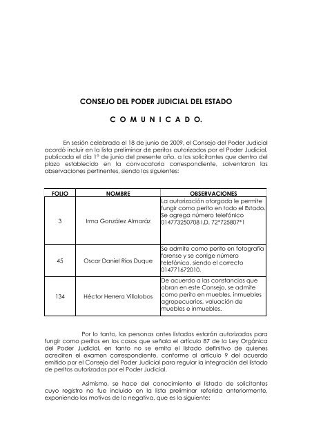 CONSEJO DEL PODER JUDICIAL DEL ESTADO C O M U N I C A D O