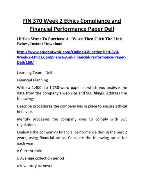 FIN 370 Week 2 Ethics Compliance and Financial Performance Paper Dell Complete Homework Help