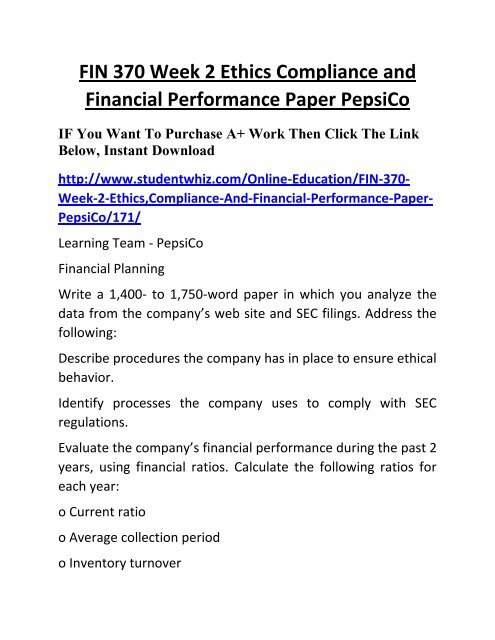 FIN 370 Week 2 Ethics Compliance and Financial Performance Paper PepsiCo Complete Homework Help