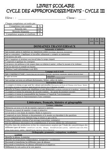 LIVRET SCOLAIRE CYCLE DES APPROFONDISSEMENTS - CYCLE III