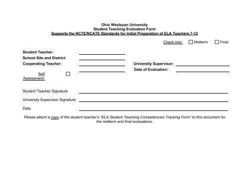(NCTE) Student Teaching Evaluation Form - NCATE Evidence Room