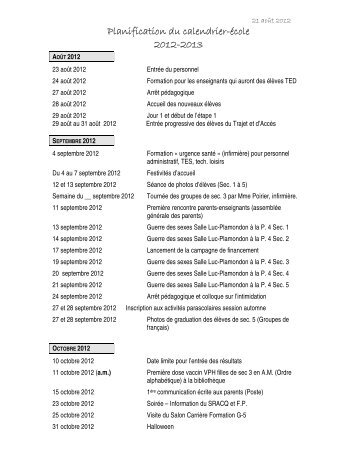 Planification du calendrier-école 2012-2013
