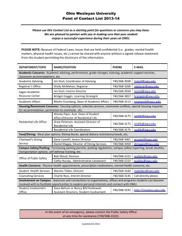 Ohio Wesleyan University Point of Contact List 2013 ... - New Students