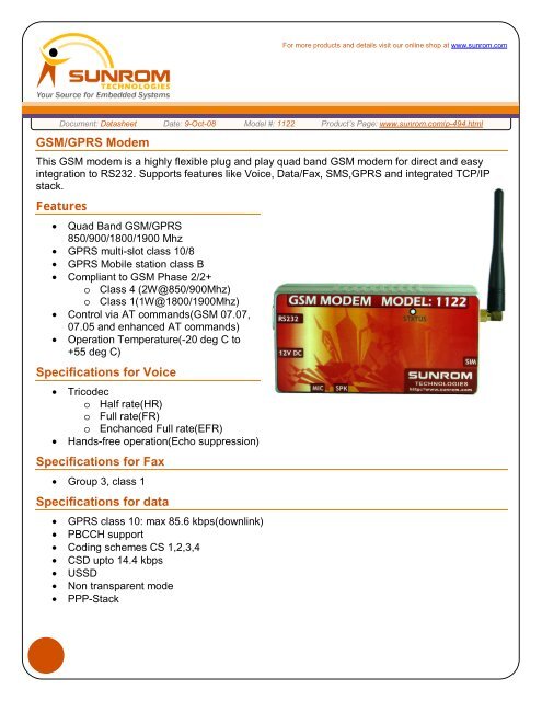 GSM/GPRS Modem Features Specifications for Voice Specifications ...