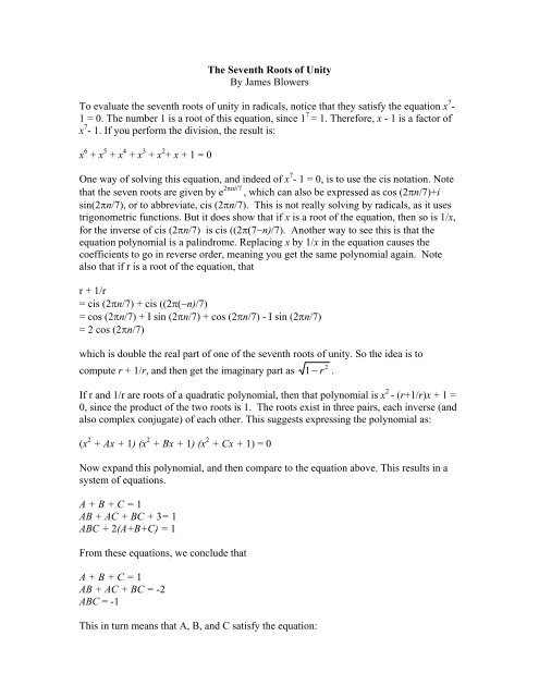 The Seventh Roots of Unity - Jim Blowers' Web Page