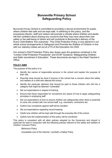 Bonneville Primary School Safeguarding Policy