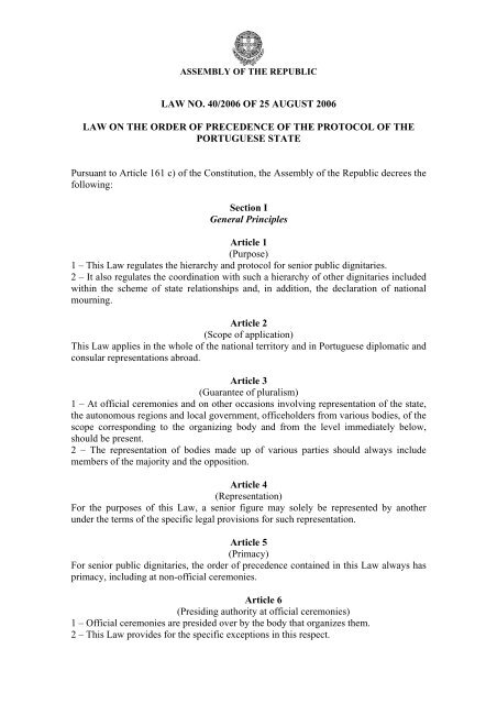 Law on the Order of Precedence of the Protocol of the Portuguese ...