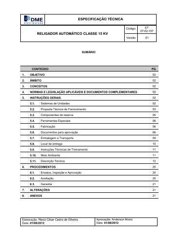 ESPECIFICAÇÃO TÉCNICA RELIGADOR AUTOMÁTICO CLASSE 15 KV