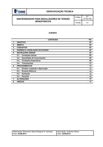 ESPECIFICAÇÃO TÉCNICA SINCRONIZADOR PARA REGULADORES DE TENSÃO MONOFÁSICOS