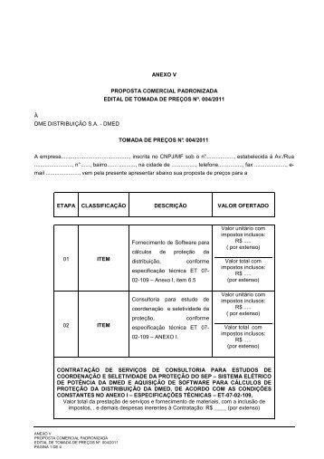 ANEXO V - Proposta Comercial padronizada