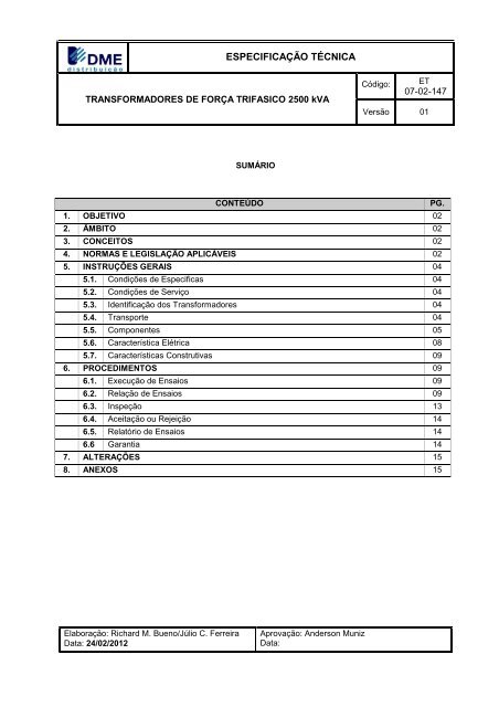 ESPECIFICAÇÃO TÉCNICA TRANSFORMADORES DE FORÇA TRIFASICO 2500 kVA 07-02-147