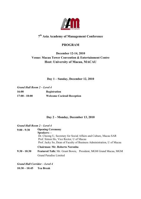 AAOM 2010 Main Conference - Detailed Program - Faculty of ...