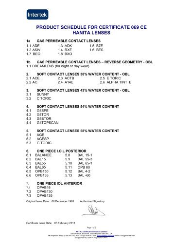 PRODUCT SCHEDULE FOR CERTIFICATE 069 CE HANITA LENSES