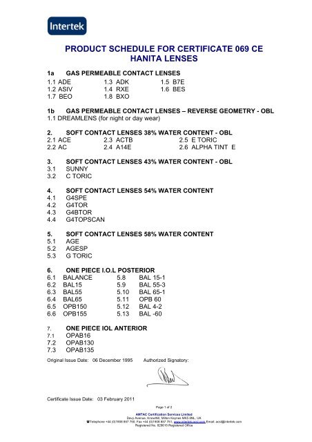 PRODUCT SCHEDULE FOR CERTIFICATE 069 CE HANITA LENSES