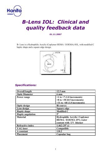 B-Lens IOL Clinical and quality feedback data