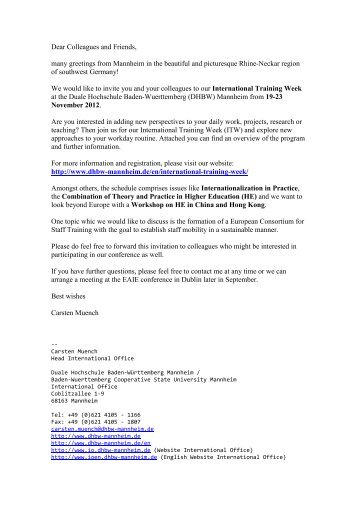 Dear Colleagues and Friends, many greetings from Mannheim in ...