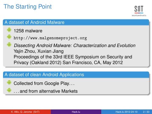 Hack.lu edition 2012 A forensic analysis of Android Malware