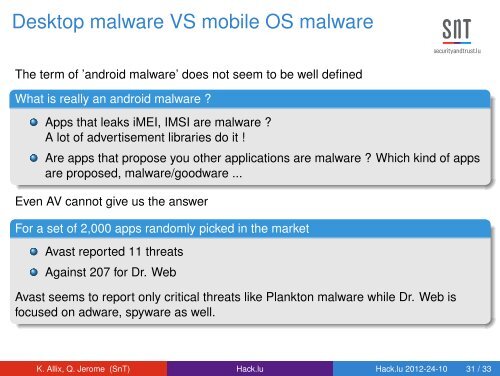 Hack.lu edition 2012 A forensic analysis of Android Malware