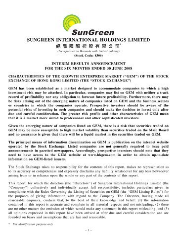 SUNGREEN INTERNATIONAL HOLDINGS LIMITED 綠 陽 國 際 控 股 有 限 公 司