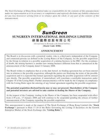 SUNGREEN INTERNATIONAL HOLDINGS LIMITED 綠 陽 國 際 控 股 有 限 公 司