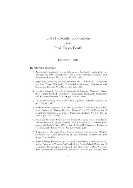 List of scientific publications for Fred Espen Benth