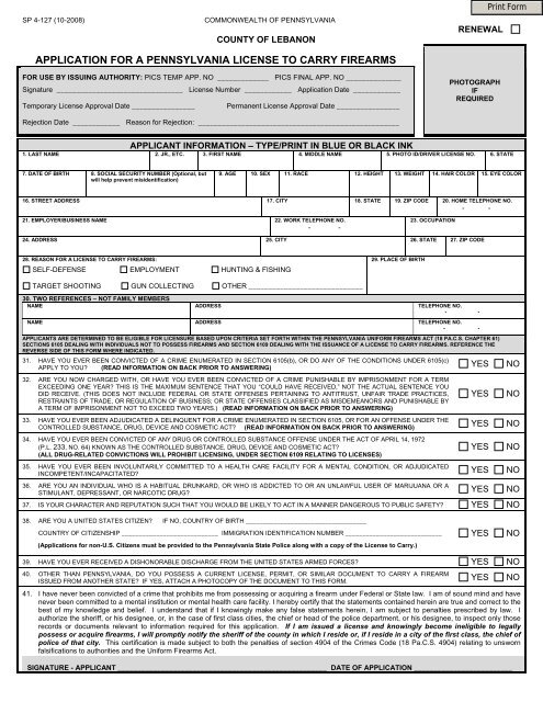APPLICATION FOR A PENNSYLVANIA LICENSE TO CARRY FIREARMS
