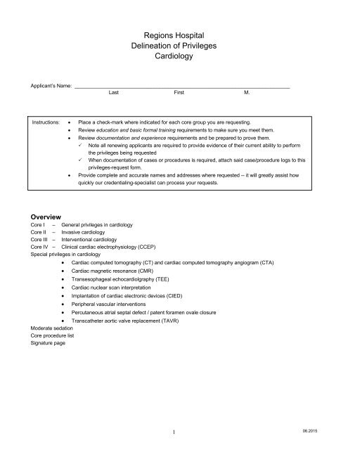 Regions Hospital Delineation Of Privileges Cardiology