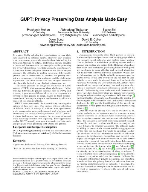 GUPT: Privacy Preserving Data Analysis Made Easy - Computer ...