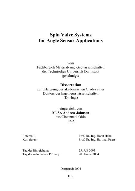 Spin Valve Systems for Angle Sensor Applications - tuprints