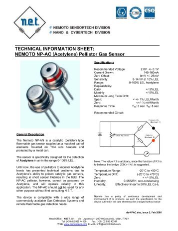 TECHNICAL INFORMATION SHEET NEMOTO NP-AC (Acetylene) Pellistor Gas Sensor