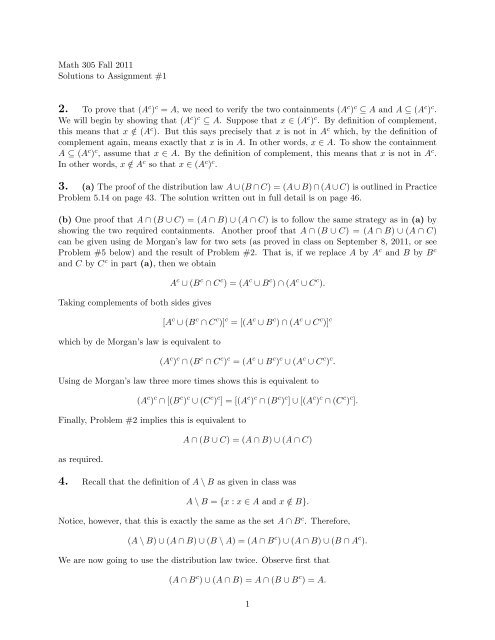 Math 305 Fall 2011 Solutions to Assignment #1 2. To prove that (Ac ...