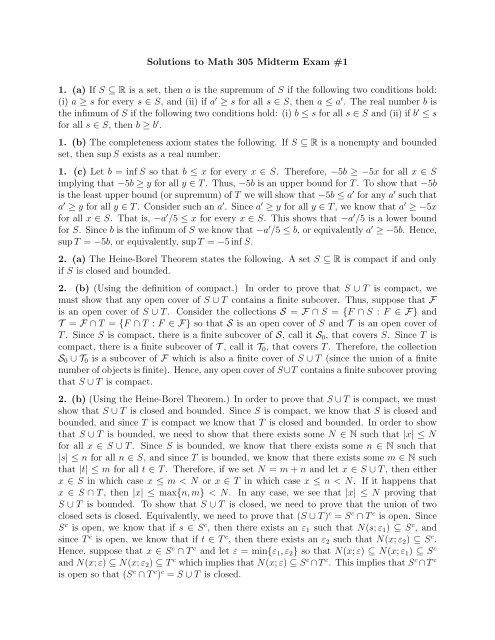 Solutions to Math 305 Midterm Exam #1 1. (a) If S â R is a set, then ...