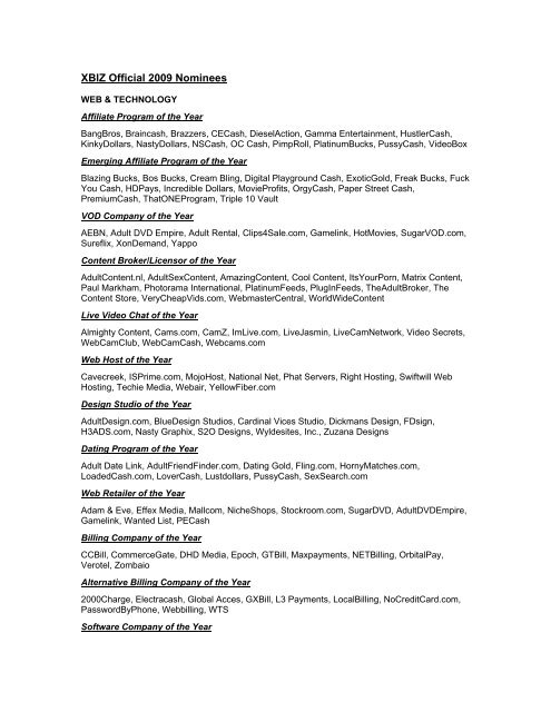 XBIZ Official 2009 Nominees - Castle Megastore