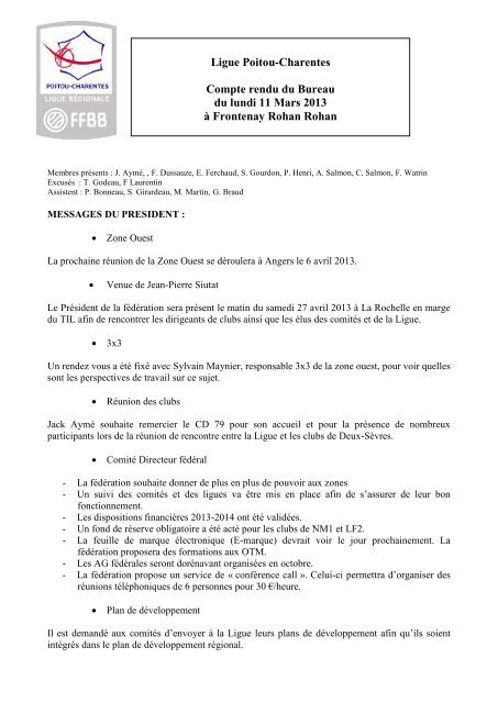 Bureau du 11 mars 2013 - Ligue Poitou-Charentes de Basket Ball