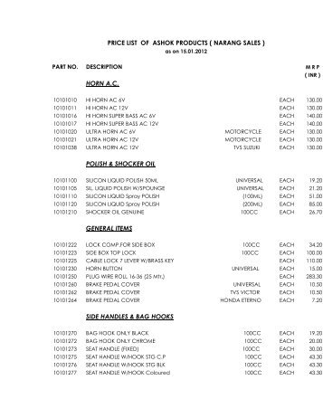 PRICE LIST OF ASHOK PRODUCTS ( NARANG ... - AshishGlobal.