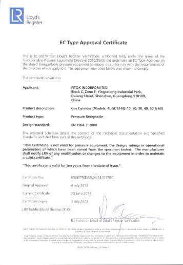 TPED Certificate - Valves and Fittings - FITOK
