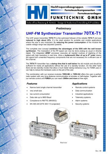 UHF-FM Synthesizer Transmitter 70TX-T1 Specifications