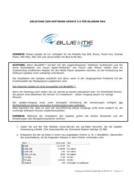 Anweisungen Fur Das Software Update Version 5 5 Pdf Fiat