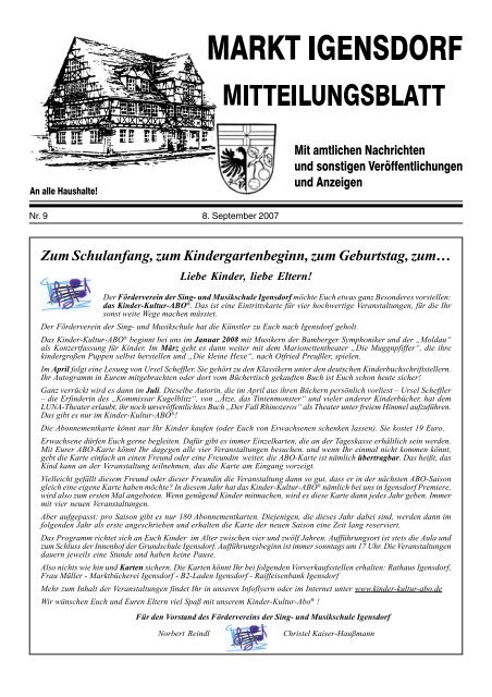 Zum Schulanfang, zum Kindergartenbeginn, zum - Markt Igensdorf