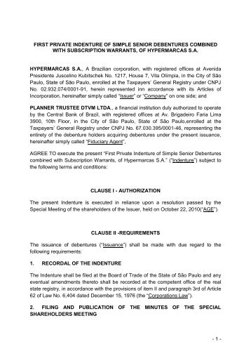 1 - first private indenture of simple senior debentures ... - Hypermarcas