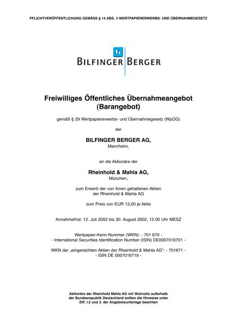 Freiwilliges Öffentliches Übernahmeangebot (Barangebot) - BaFin