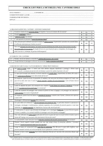 CHECK LIST PER LA SICUREZZA NEL CANTIERE EDILE