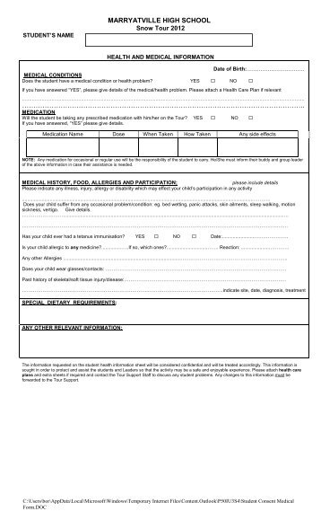 Student Consent Medical Form - Marryatville High School