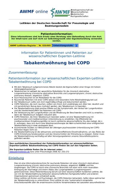 AWMF online - Leitlinie Pneumologie: Tabakentwöhnung bei COPD ...