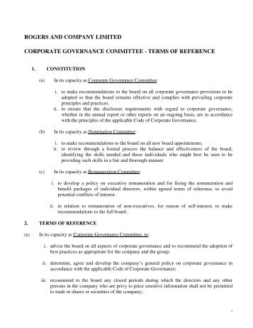 ROGERS AND COMPANY LIMITED CORPORATE GOVERNANCE COMMITTEE - TERMS OF REFERENCE