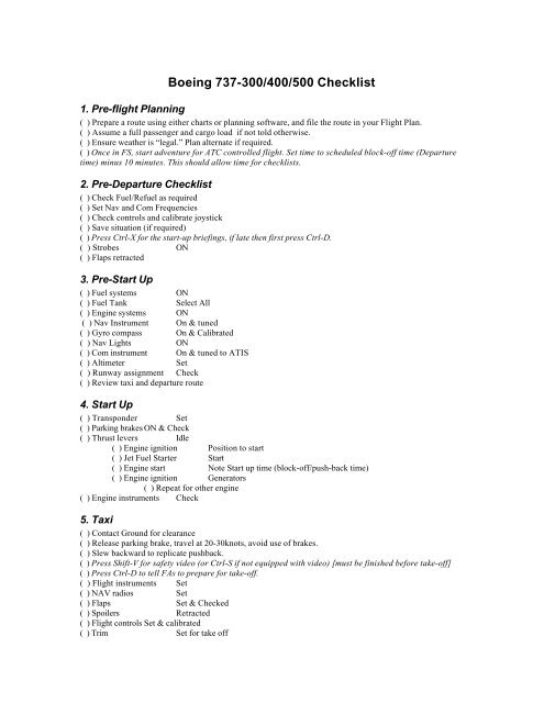 Boeing 737 300 400 500 Checklist Boeing 737 300 400 500 Checklist