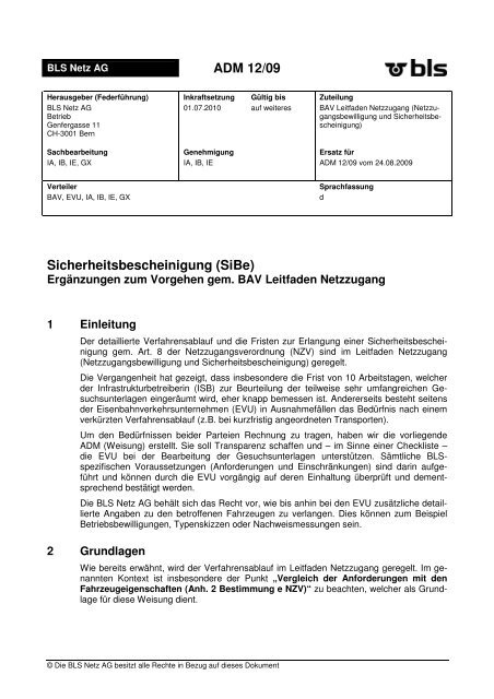 ADM 12/09 Sicherheitsbescheinigung (SiBe) - BLS AG